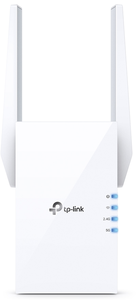 Répéteur WiFi TP-Link blanc avec deux antennes.