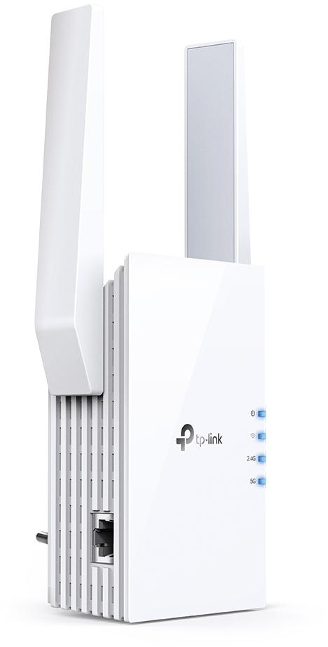 Répéteur WiFi TP-Link blanc avec antennes et voyants.
