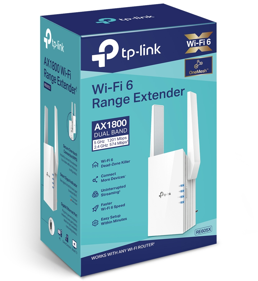 Boîte d'extension de portée Wi-Fi 6 TP-Link. Antennes blanches dépassent.