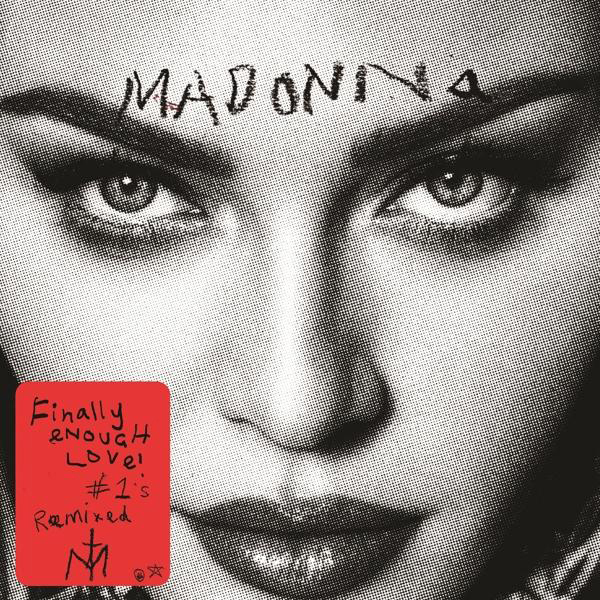 Madonna's Gesicht, Nahaufnahme, mit 'MADONNA' über den Augenbrauen. Der Albumtitel auf rotem Aufkleber.