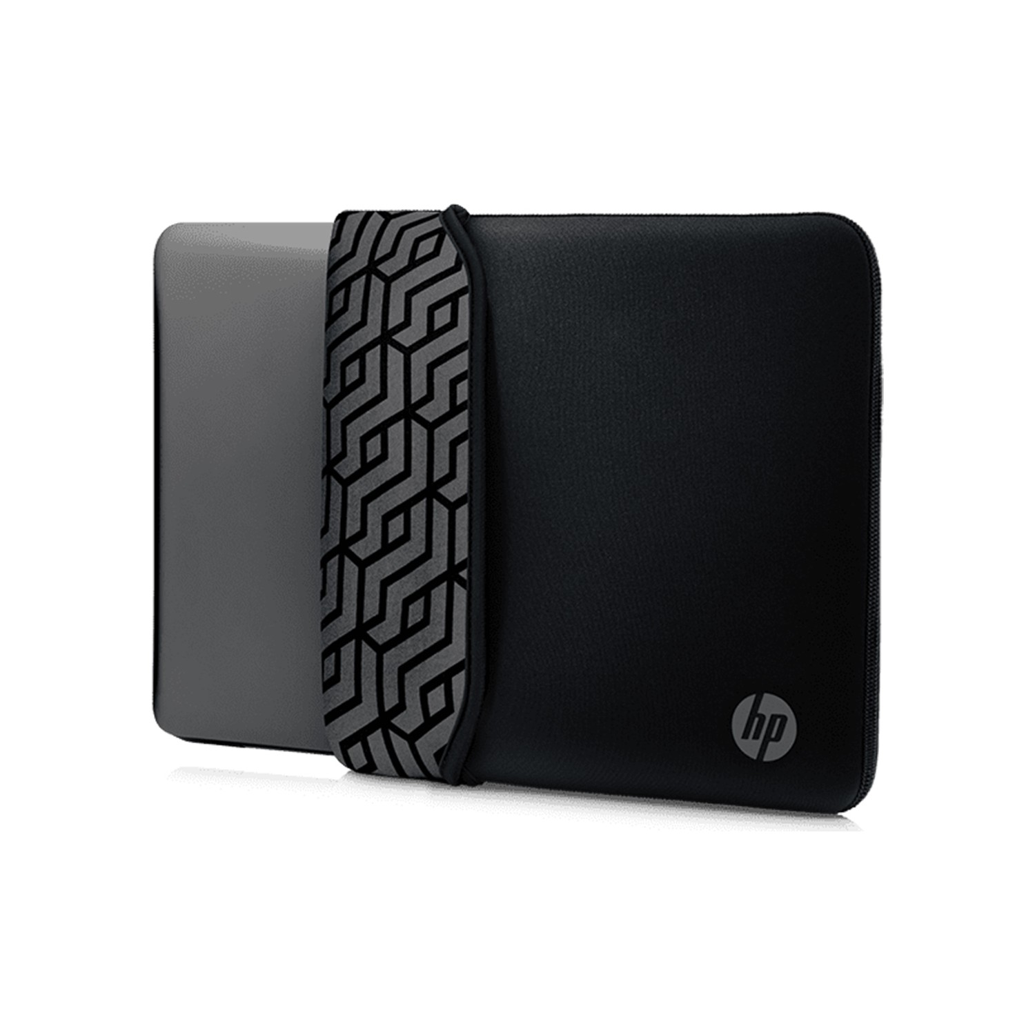 Siyah ve gri bir dizüstü bilgisayar kılıfı, HP logosu ve ortasında desenli bir kayış.