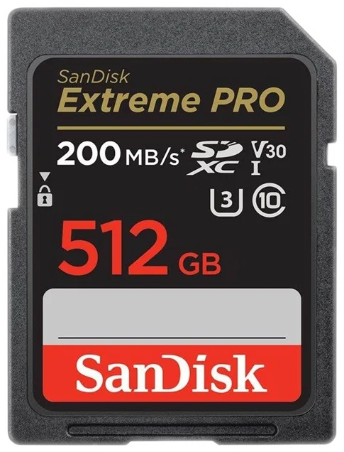 Carte SD SanDisk Extreme PRO, noire avec texte et logo rouges et blancs.