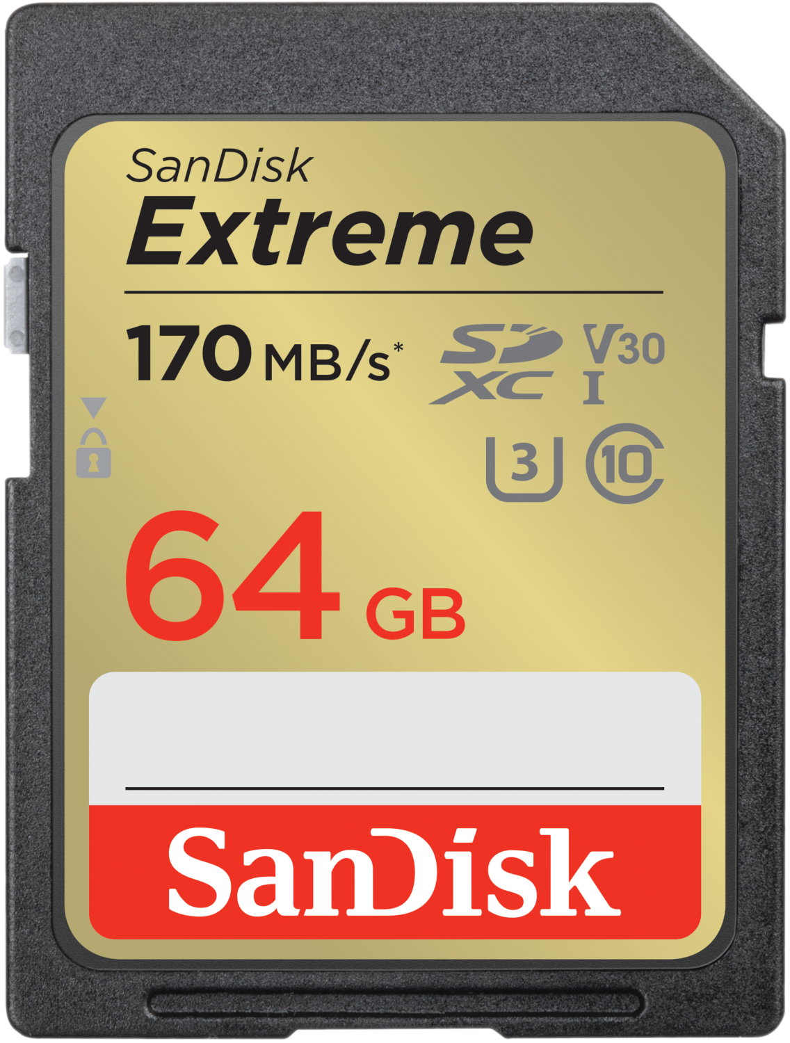 Carte SD SanDisk Extreme dorée avec texte et symboles.