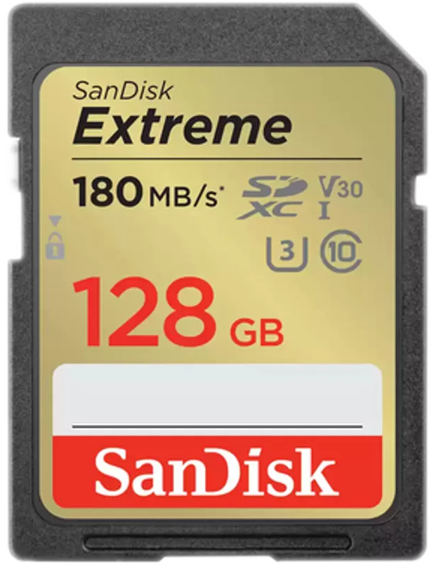 Carte SD Sandisk Extreme avec texte: 128 Go, 180 Mo/s et le logo SanDisk.