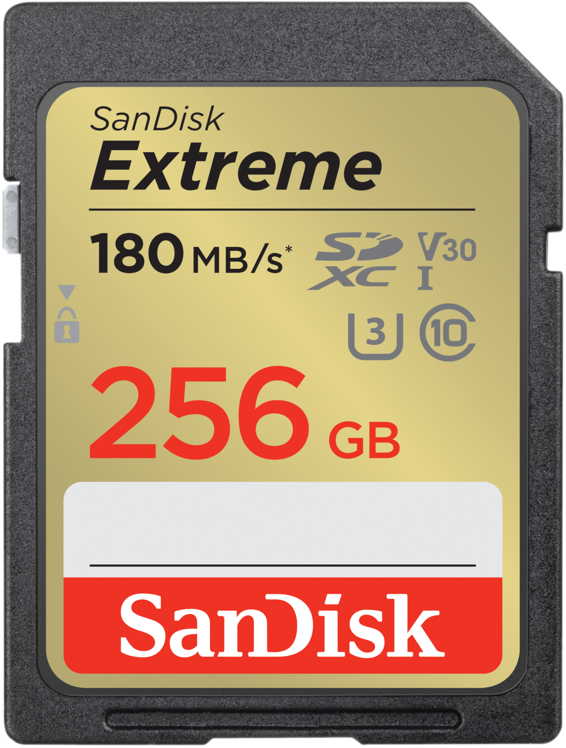 Carte SD. Sandisk Extreme 256 Go. Texte : 180 Mo/s. Couleurs or et noir. SDXC I.