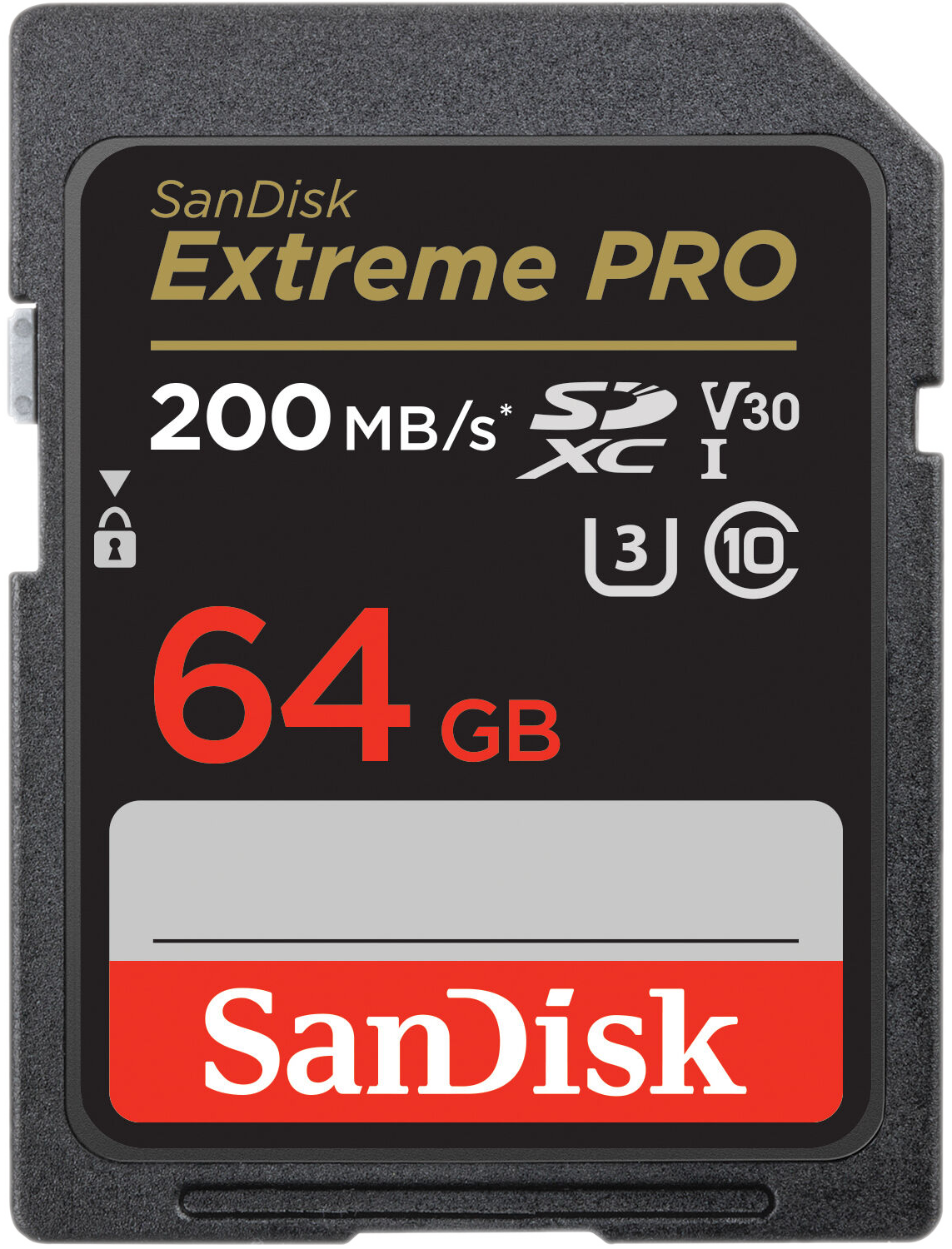 Une carte SD SanDisk Extreme PRO noire avec le texte '200MB/s' et '64 GB' en rouge.