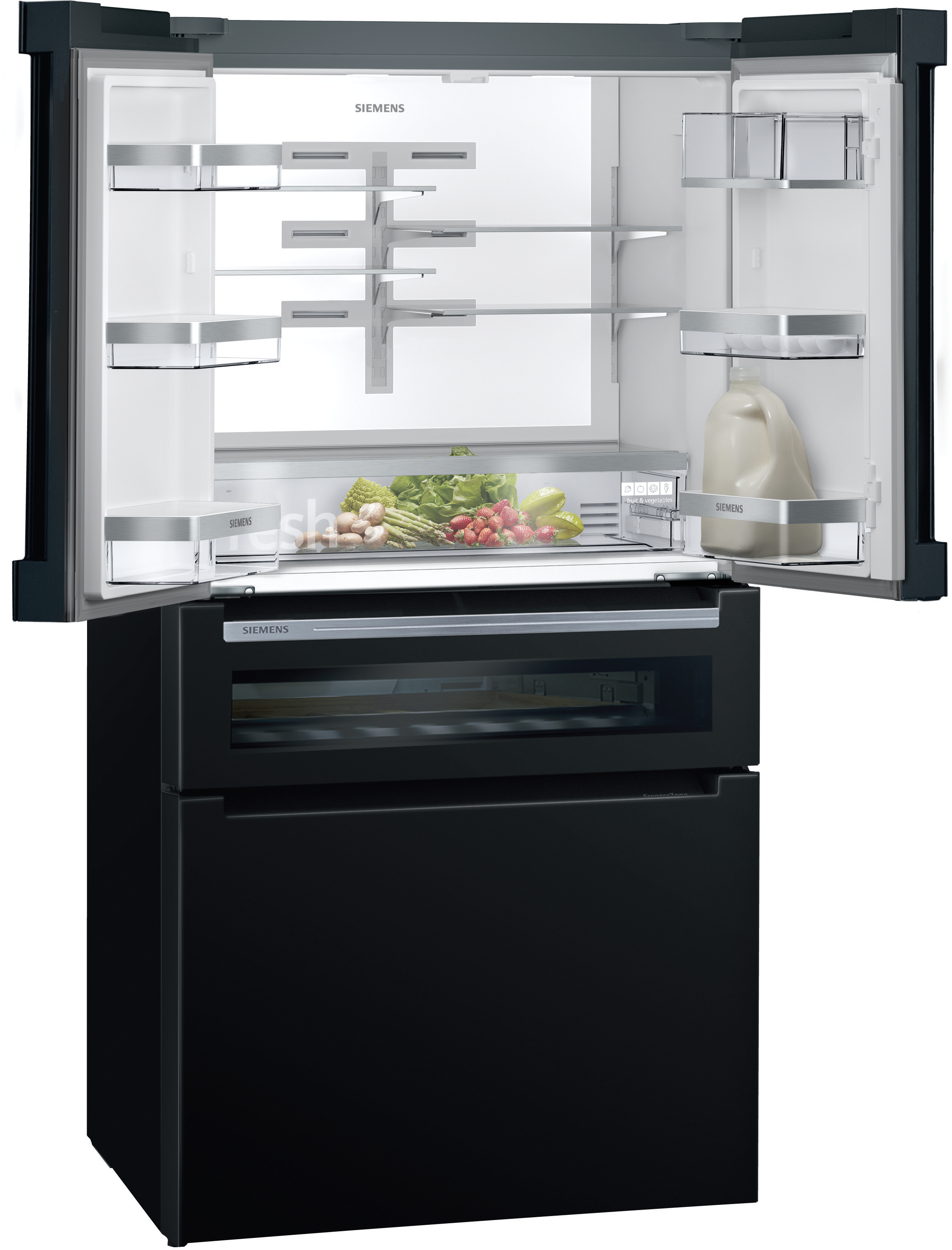 Black refrigerator with opened doors and shelves filled with food.