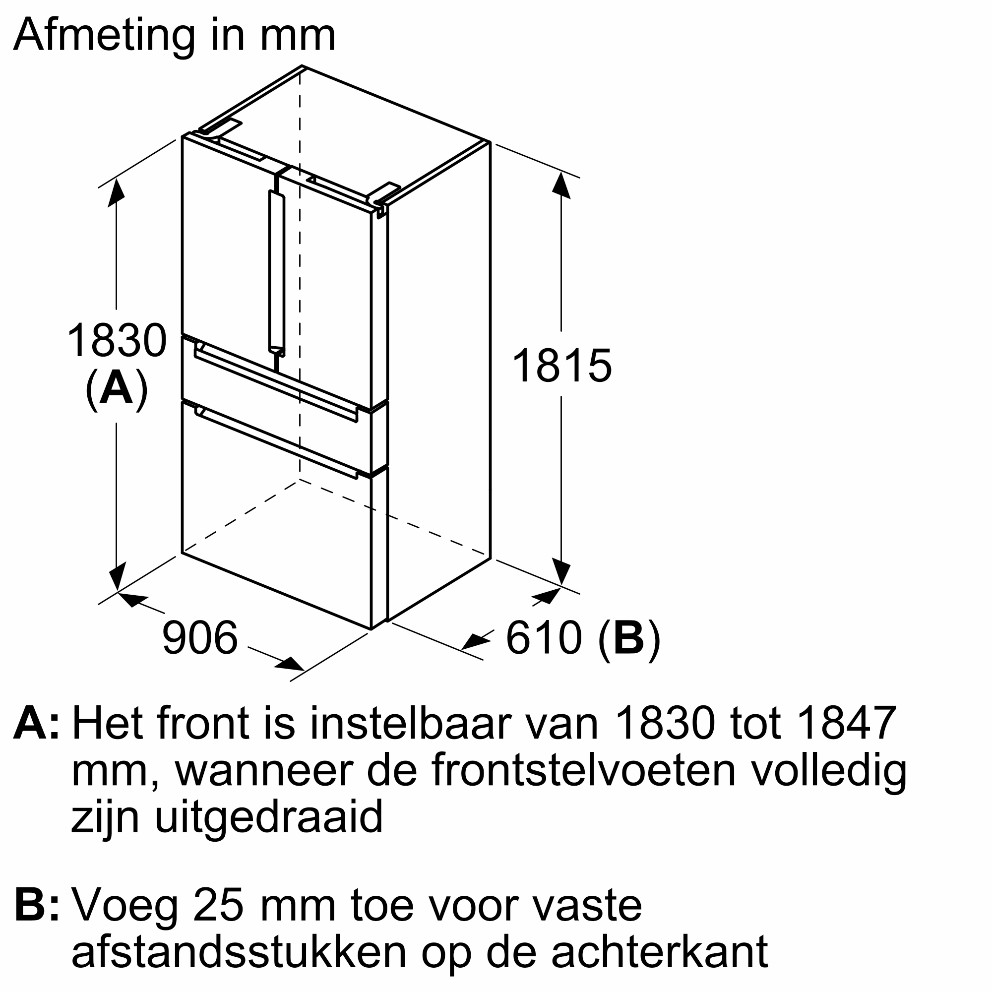 Diagram of a refrigerator with dimensions in mm, showing the front and side.