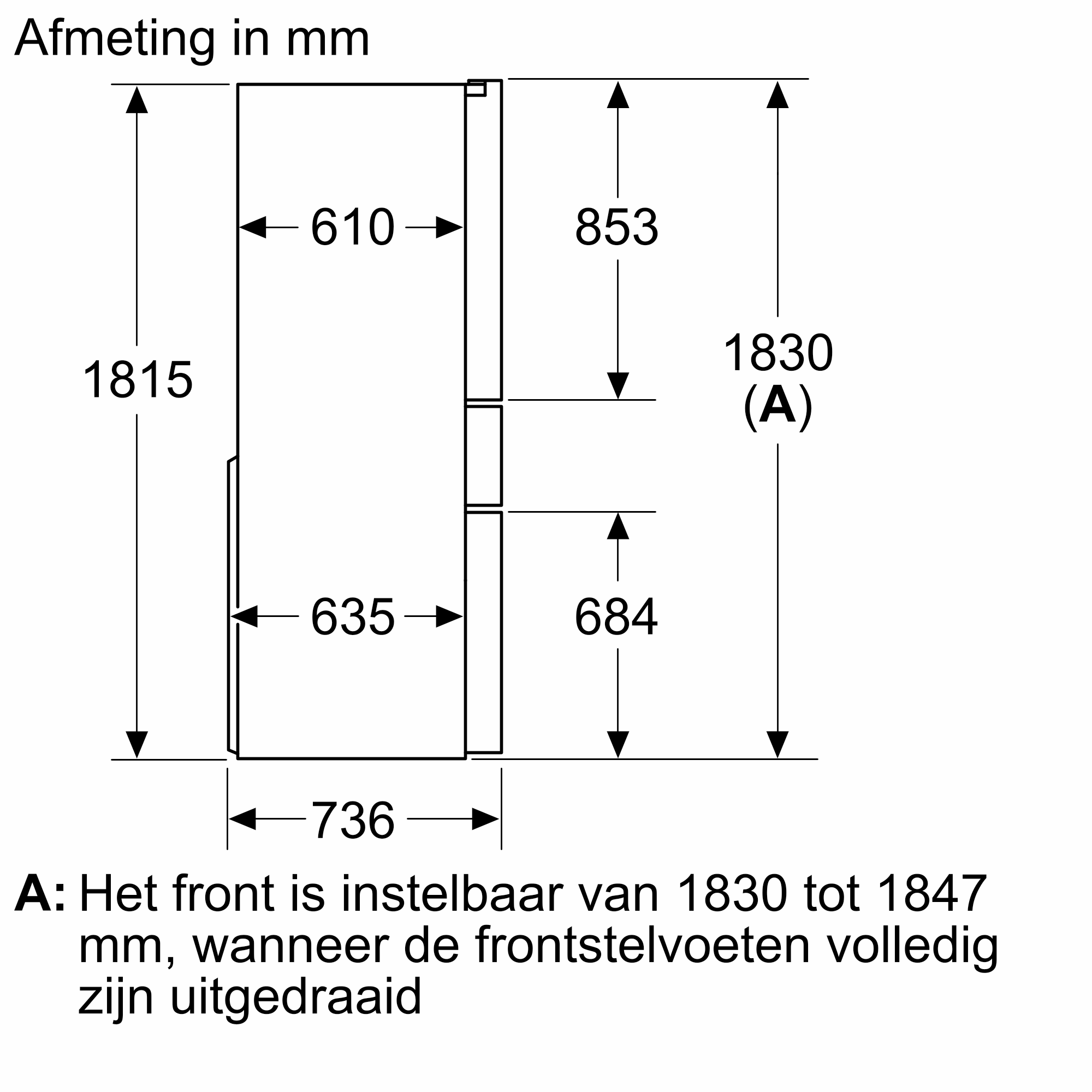 Diagram of a fridge with dimensions in mm. The front panel is adjustable from 1830 to 1847 mm.