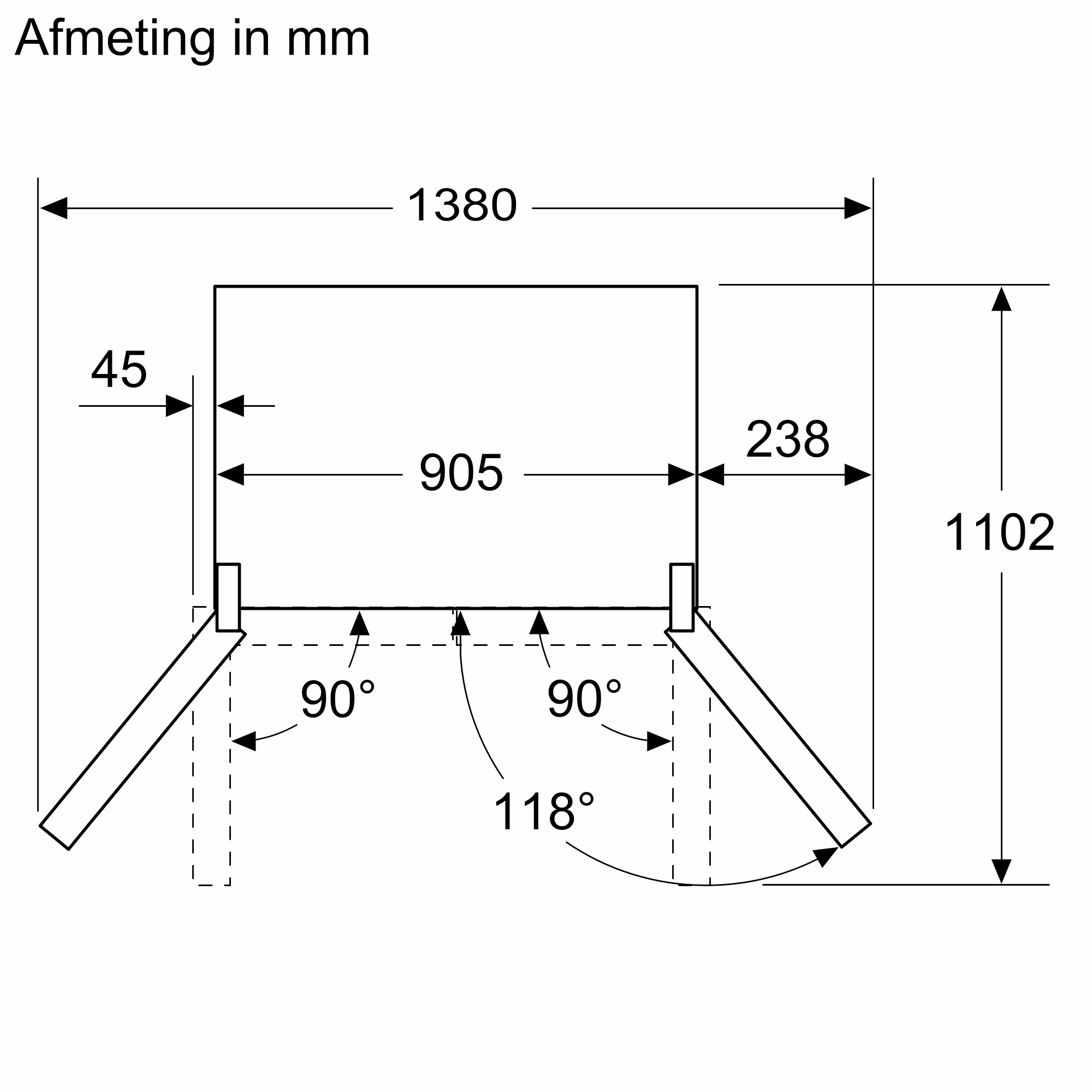 Technical drawing with dimensions of a product, with angles and lengths marked.