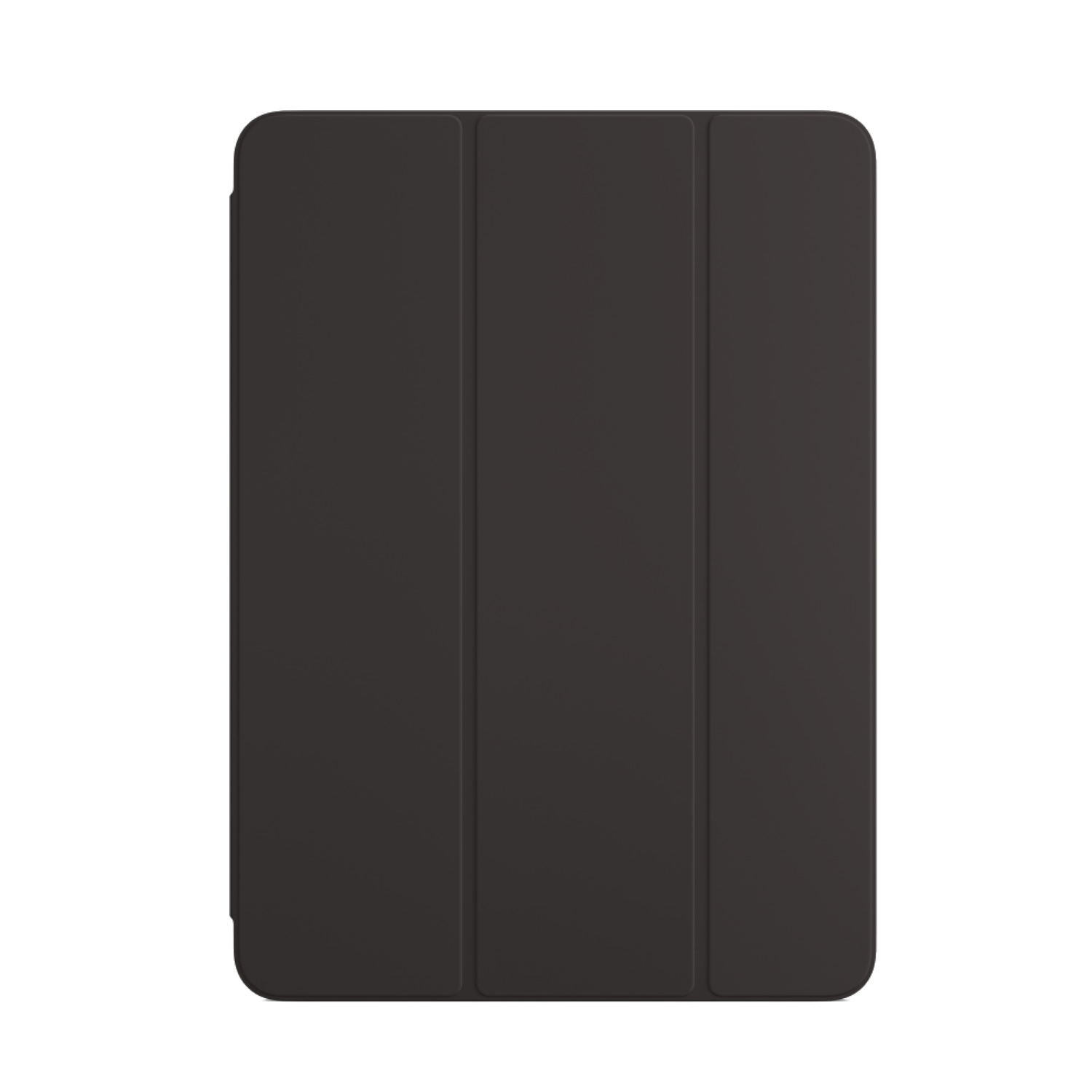 Funda negra para iPad, cerrada. Tres paneles verticales. La funda es lisa y mate.