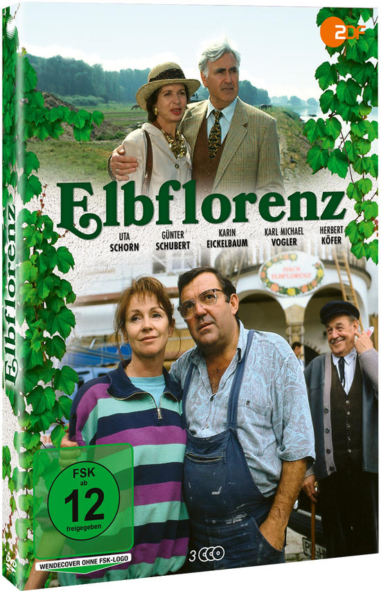 Die Elbflorenz DVD-Box, mit Schauspielern auf dem Cover und grünen Weinreben.