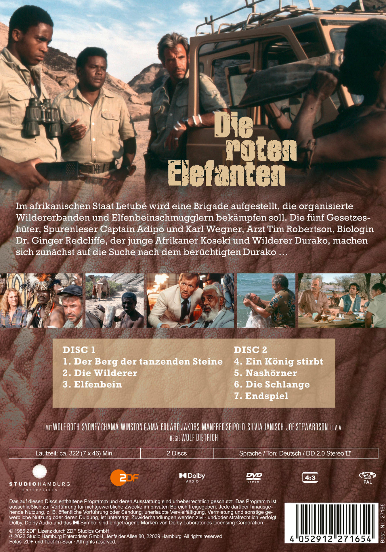 DVD-Cover für 'Die roten Elefanten' mit Schauspielern und einer Wüstenszene.