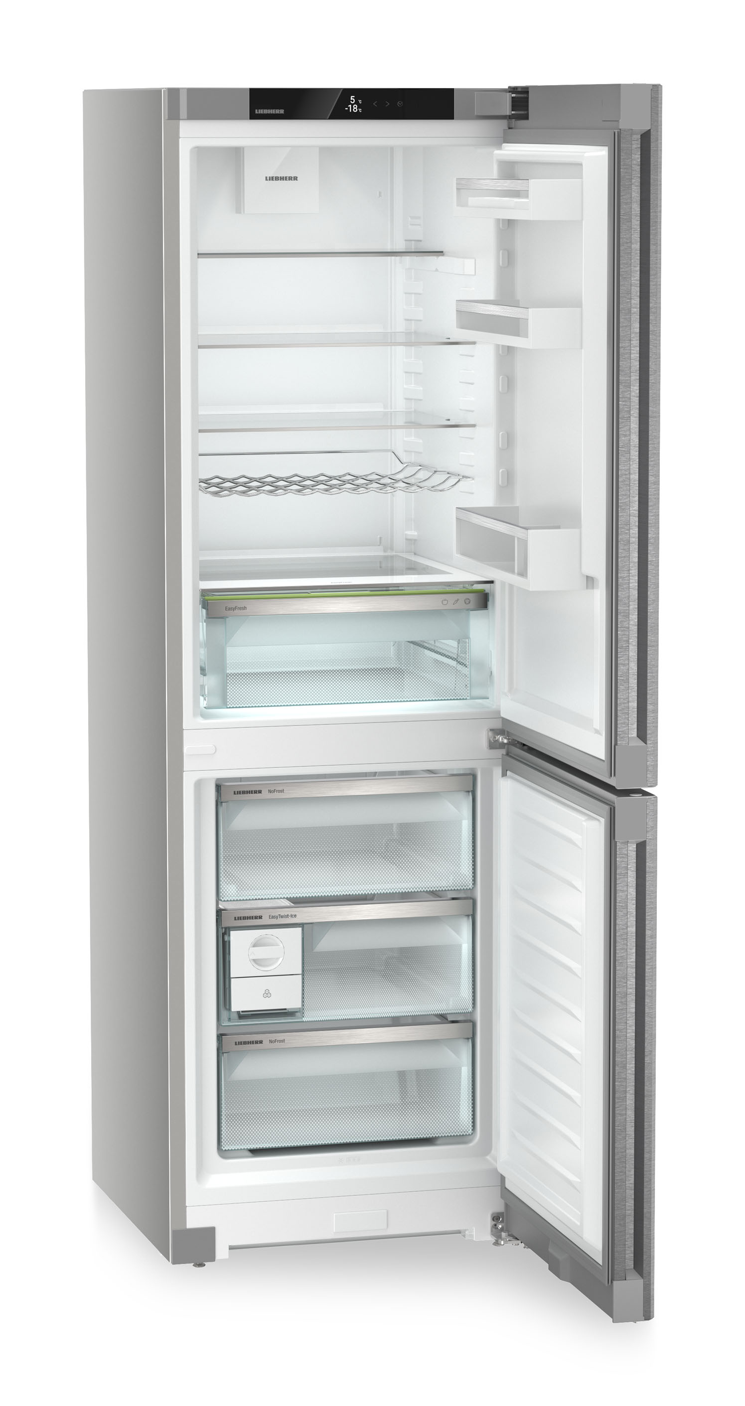 Ein silberner Liebherr-Kühlschrank mit geöffneten Türen, der Regale, Schubladen und Inhalte zeigt.