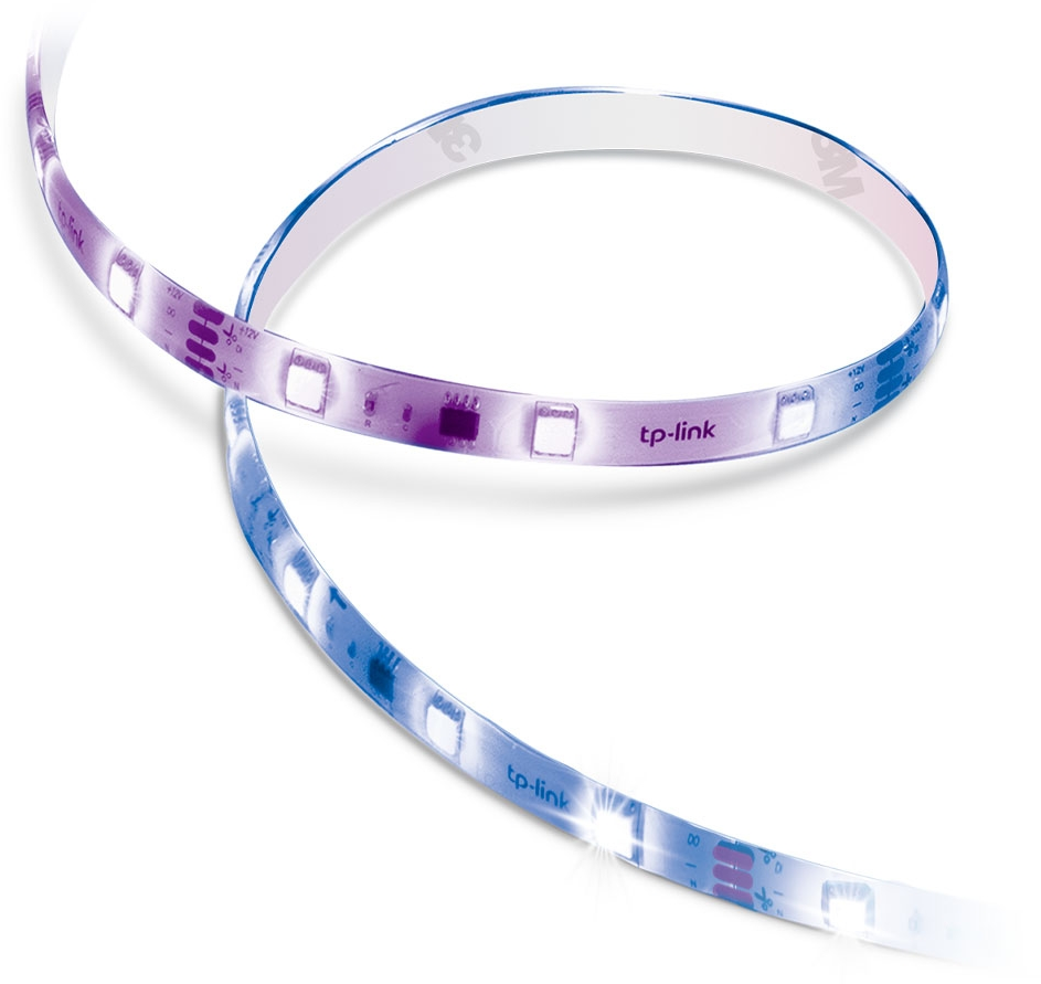 Striscia luminosa LED flessibile, marchio tp-link, che emette luce bianca e blu, piegata ad anello.