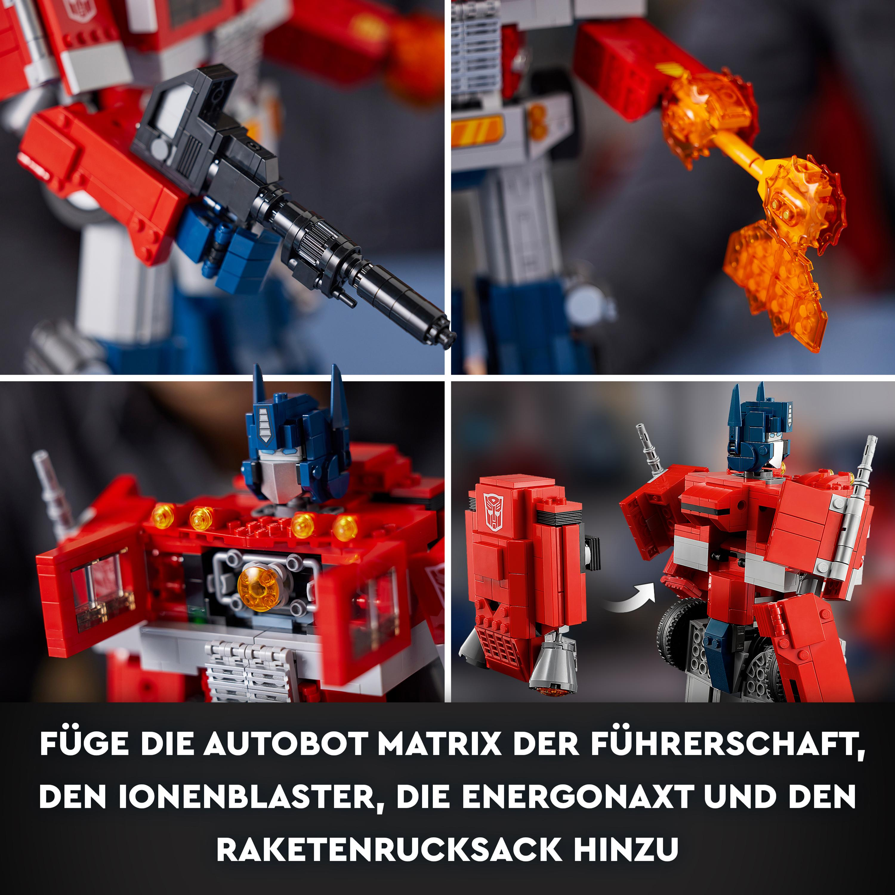LEGO Optimus Prime Set. Zeigt den Roboter in verschiedenen Formen mit Zubehör.