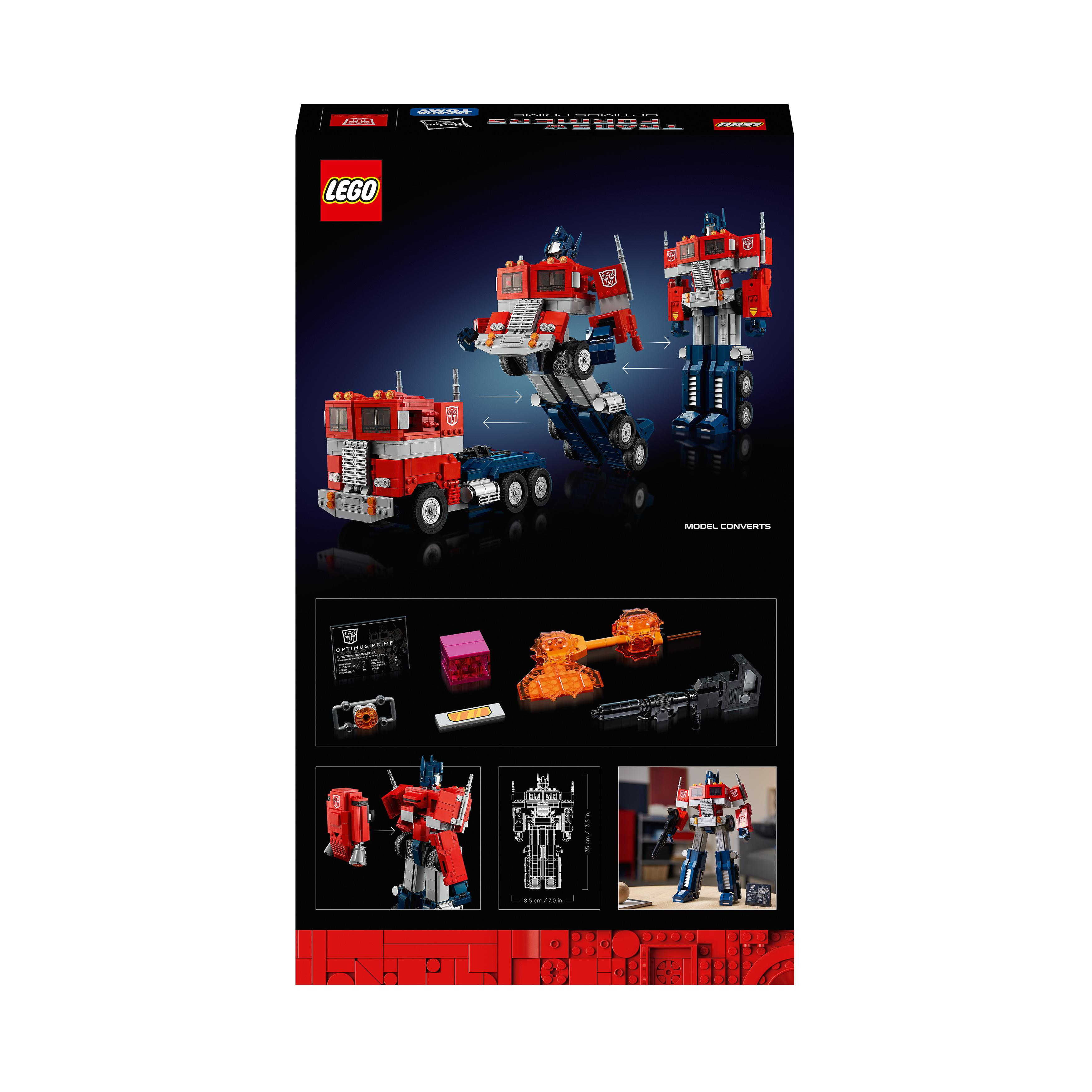 Lego-Box mit einem Modell von Optimus Prime, der sich vom Truck zum Roboter verwandelt, mit Anweisungen.