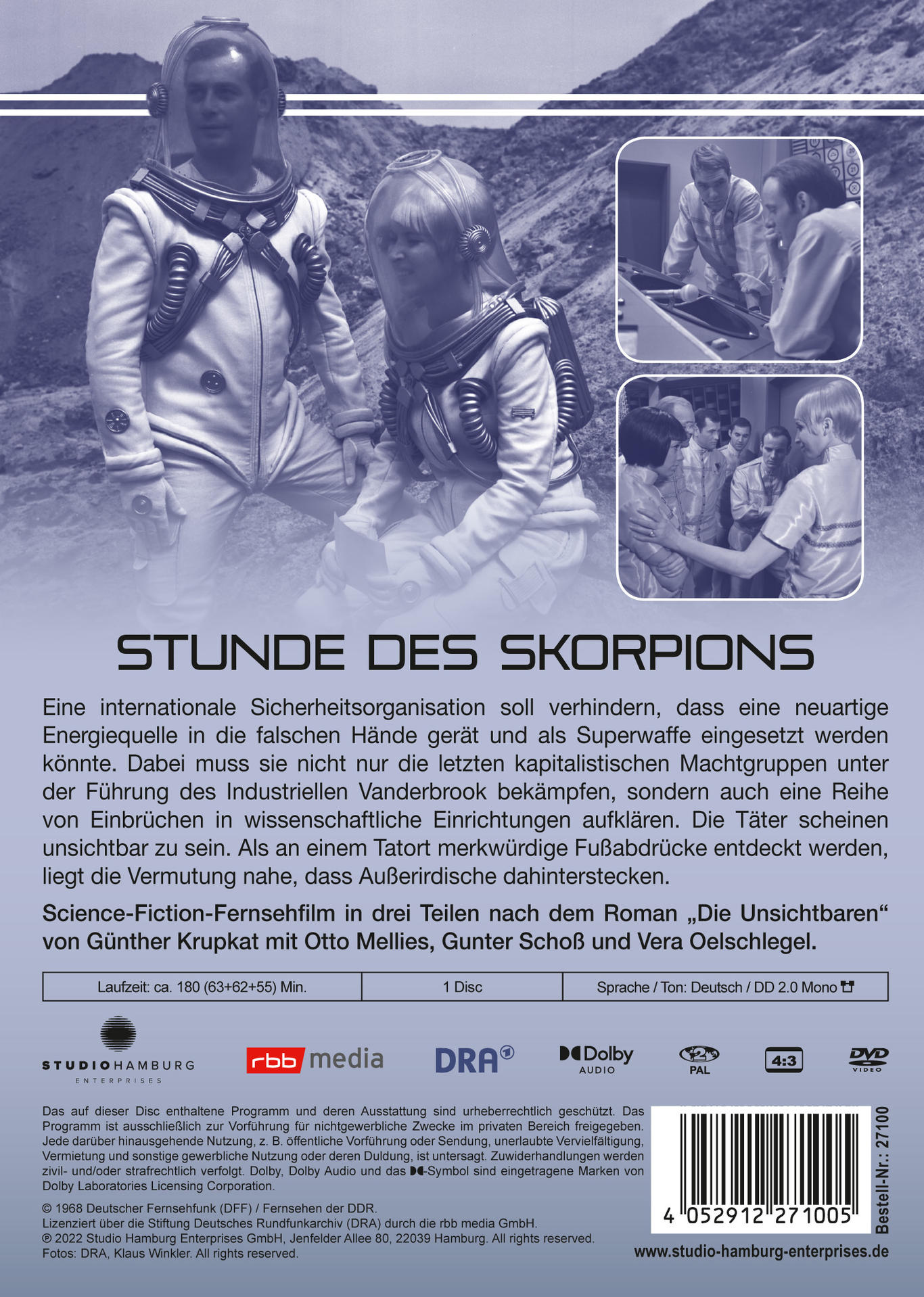 DVD-Cover für "Stunde der Skorpione" mit zwei Astronauten in Raumanzügen und Text.