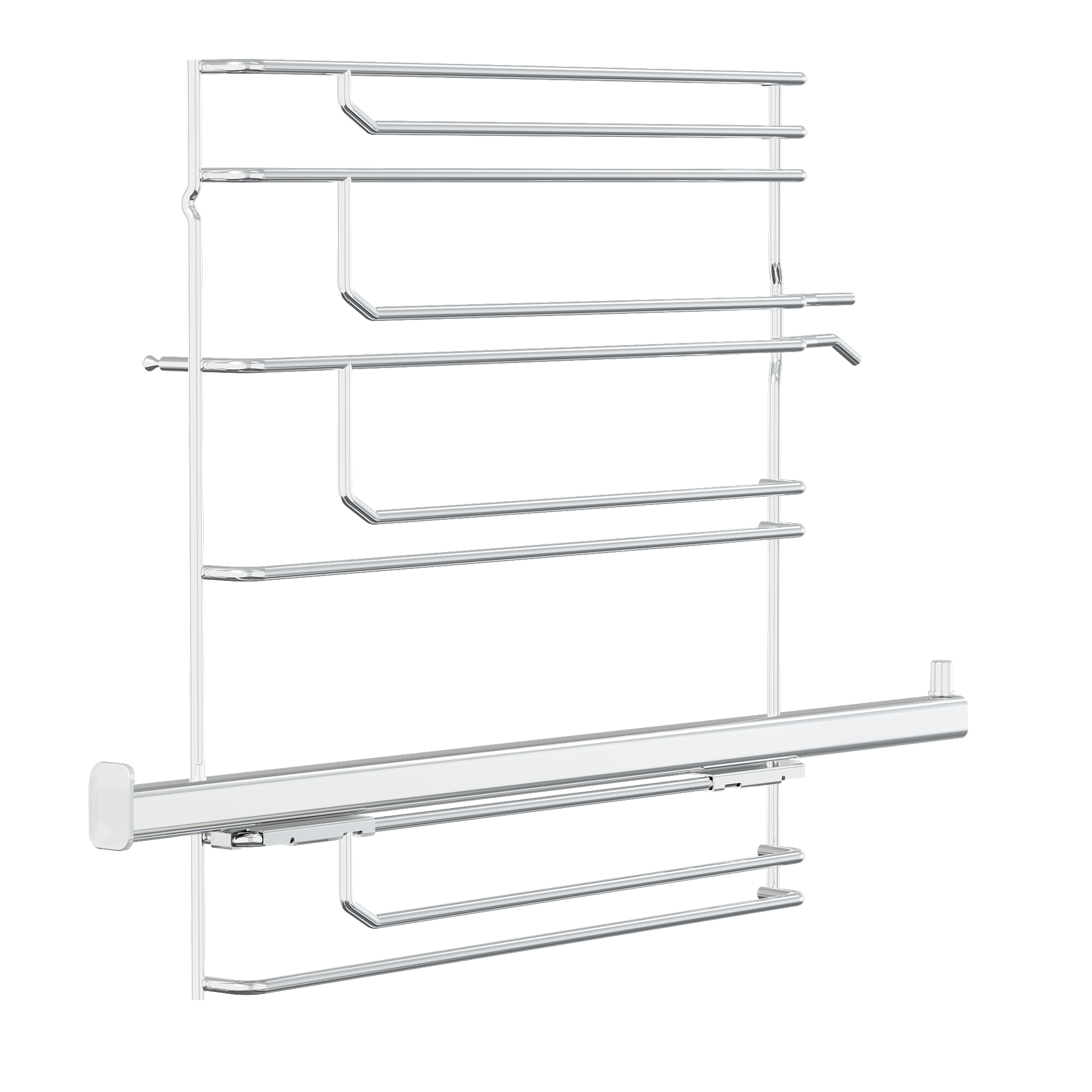 Ein ausziehbarer Schrankorganisator aus Chrom mit Regalen und Schienen.