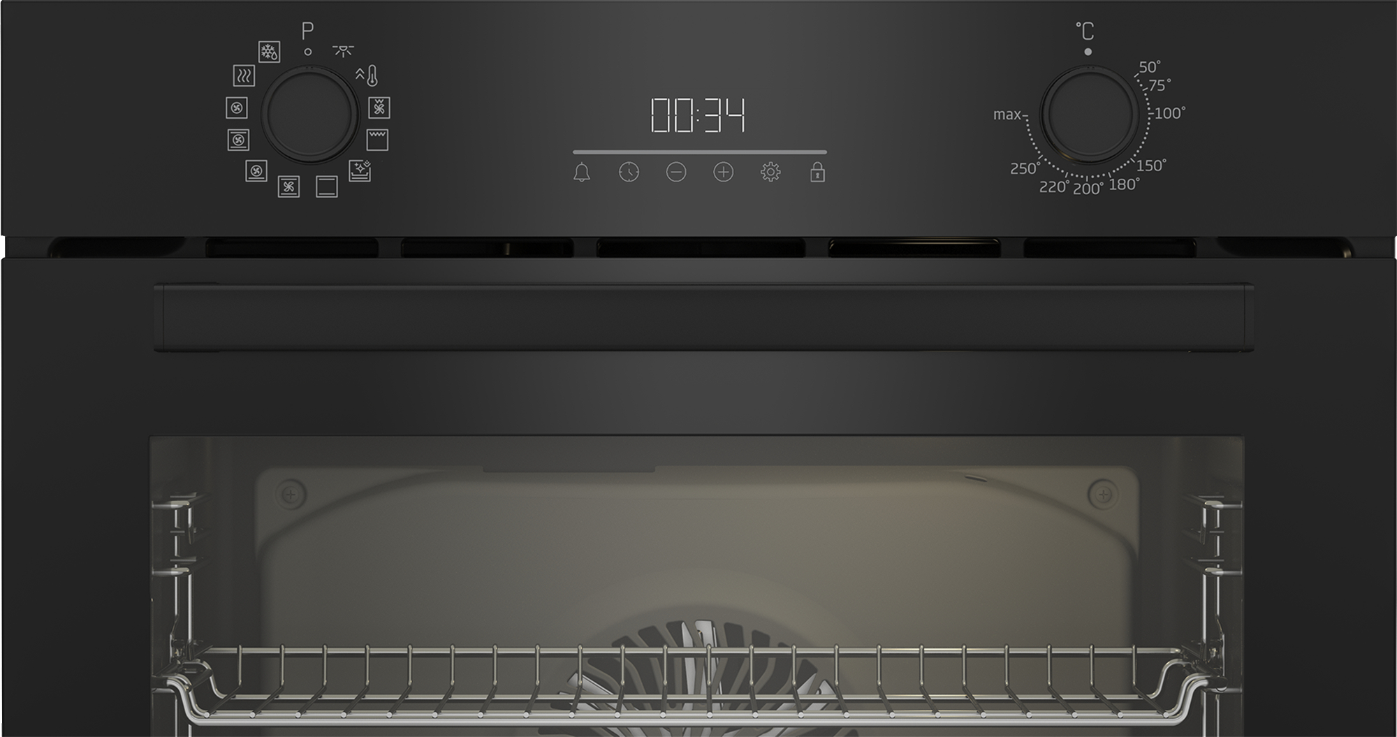 Schwarzes Backofen-Bedienfeld mit Drehreglern, digitaler Uhranzeige und Temperatureinstellungen.