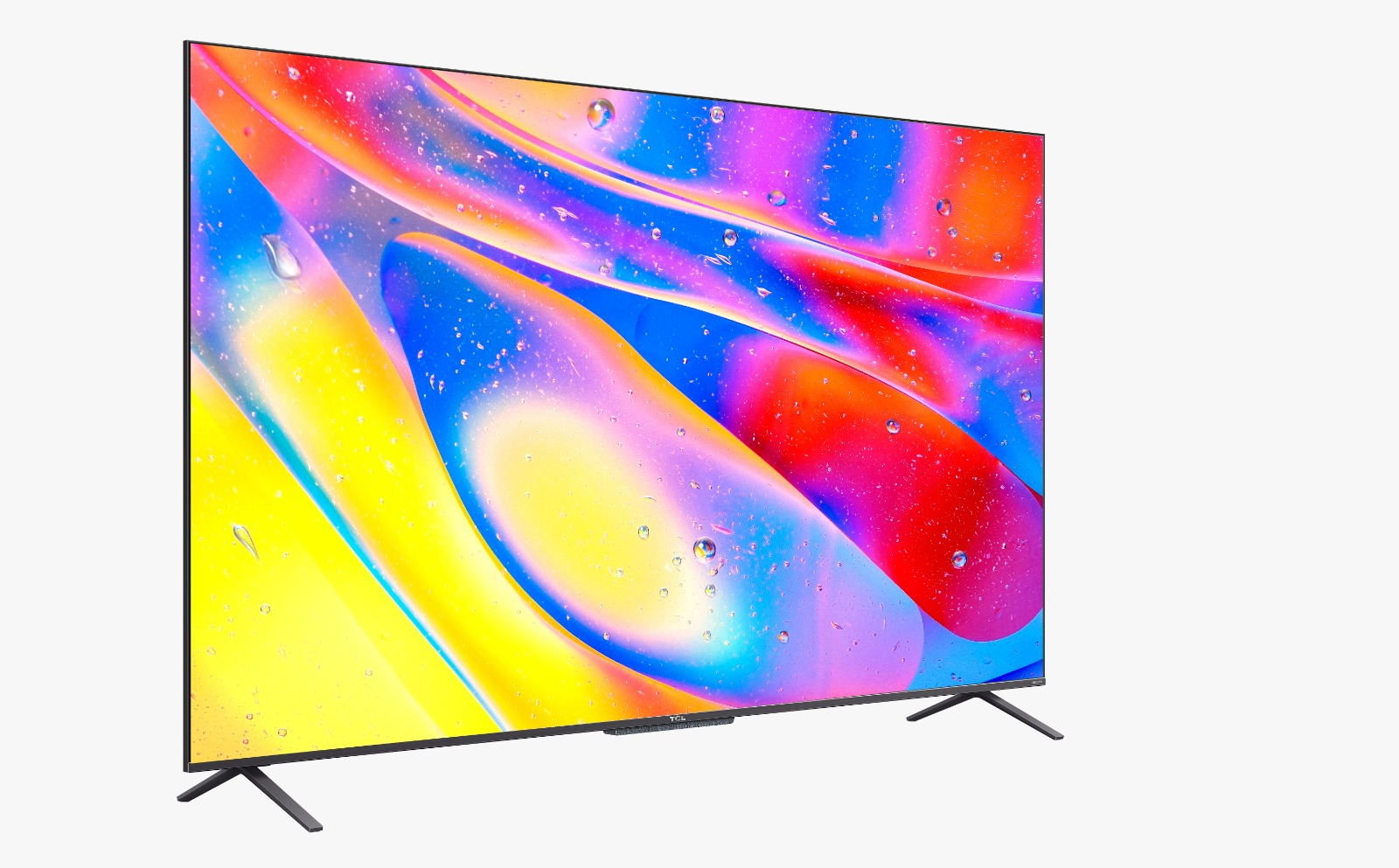 Ekranında renkli, soyut bir görüntü bulunan büyük, modern bir TV.