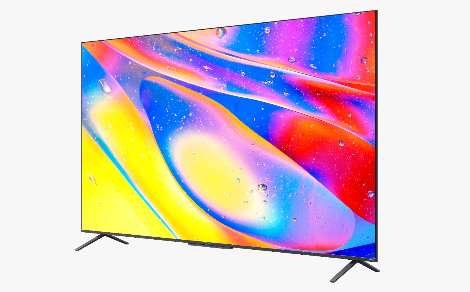 Ekranda renkli soyut sanatın sergilendiği büyük düz ekran TV.