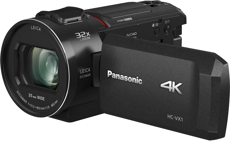 Fekete Panasonic 4K videokamera Leica objektívvel, kihajtható képernyővel, 32x zoommal.