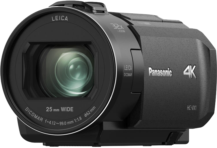 Fekete Panasonic 4K videokamera nagyméretű objektívvel és Leica DICOMAR márkajelzéssel.