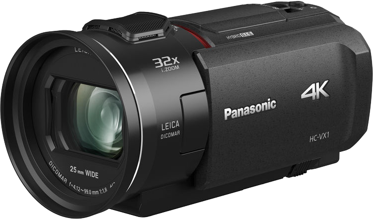 Egy fekete Panasonic videokamera Leica objektívvel és 32x zoommal.