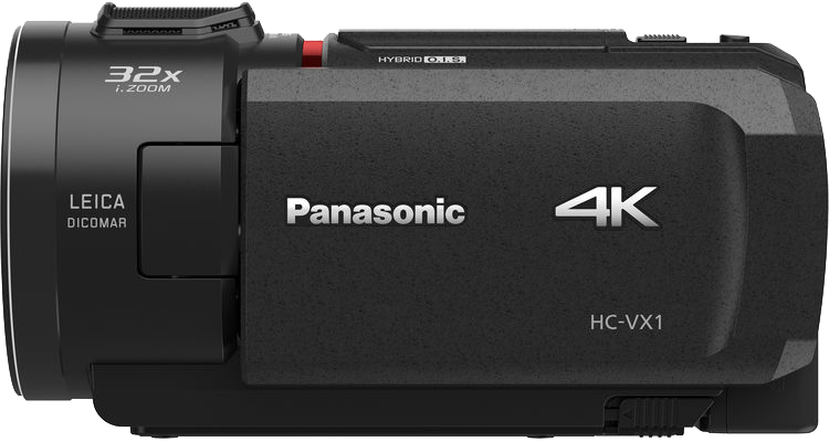 Fekete Panasonic 4K videokamera 32x zoommal és Leica objektív részletekkel.