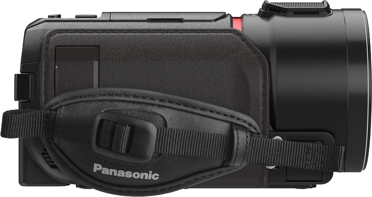Fekete Panasonic videokamera pánttal és bőr fogantyúval.