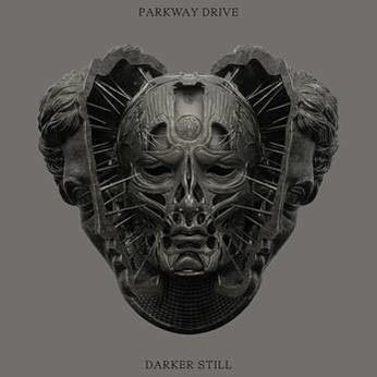 Albumcover, eine dunkle Skulptur mit Schädel und Gesichtern, grauer Hintergrund und Text.