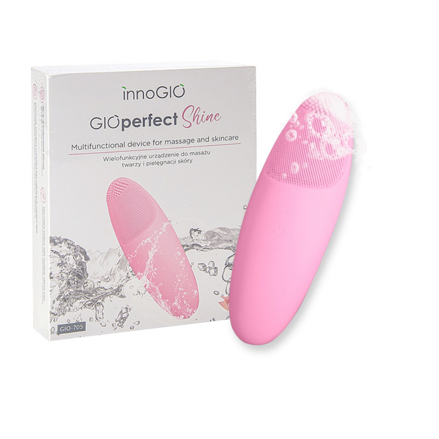 Dispositivo de limpieza facial rosa y su caja, fondo blanco, foto de producto.