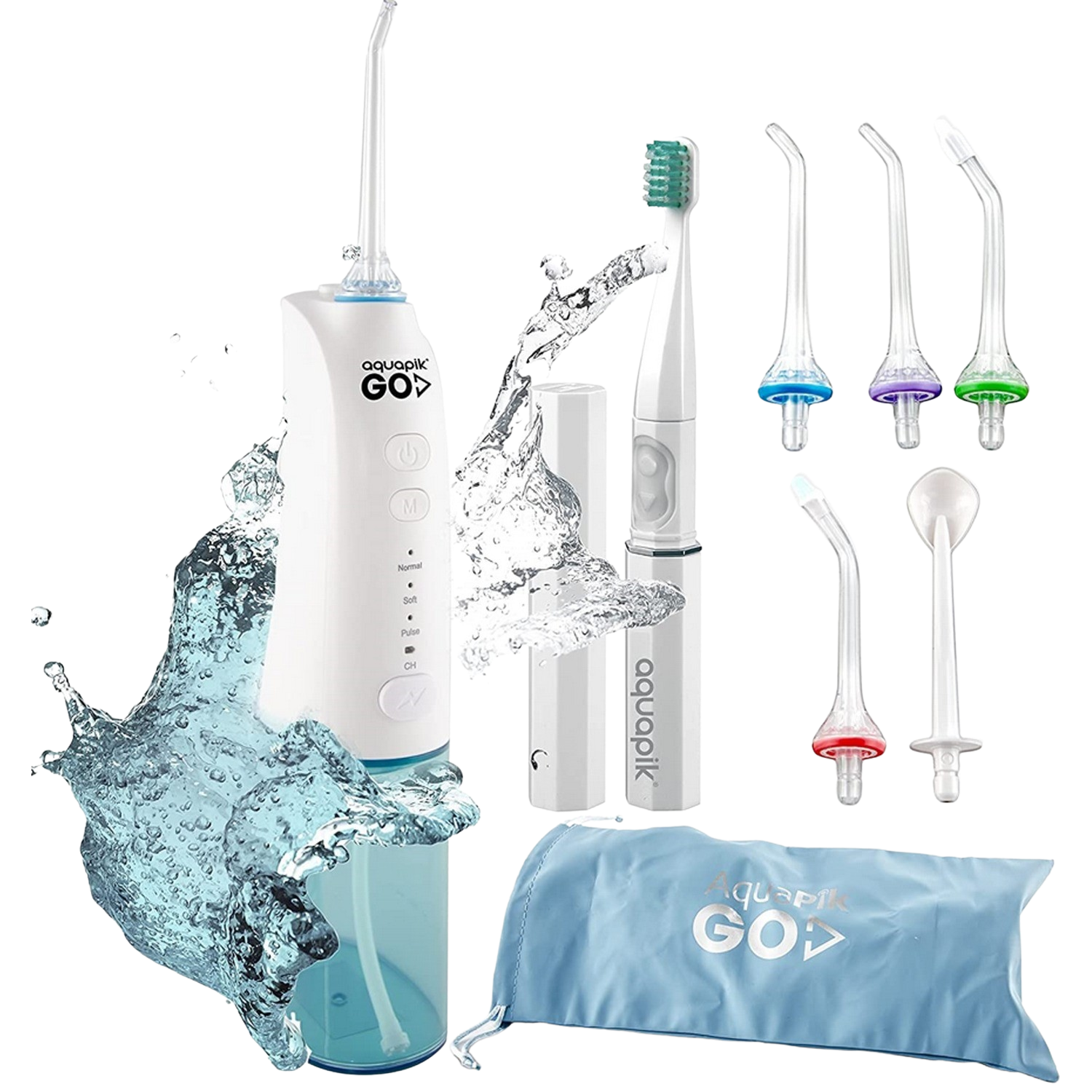 Irrigador - Aquapik GO X, 5 Boquillos, USB/AC, 1400 - 1800 Pulsaciones, 3 niveles de potencia, Blanco