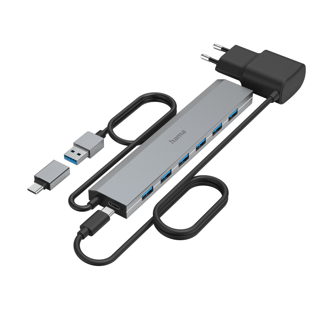 Ein grauer USB-Hub mit mehreren Anschlüssen und einem Netzteil.