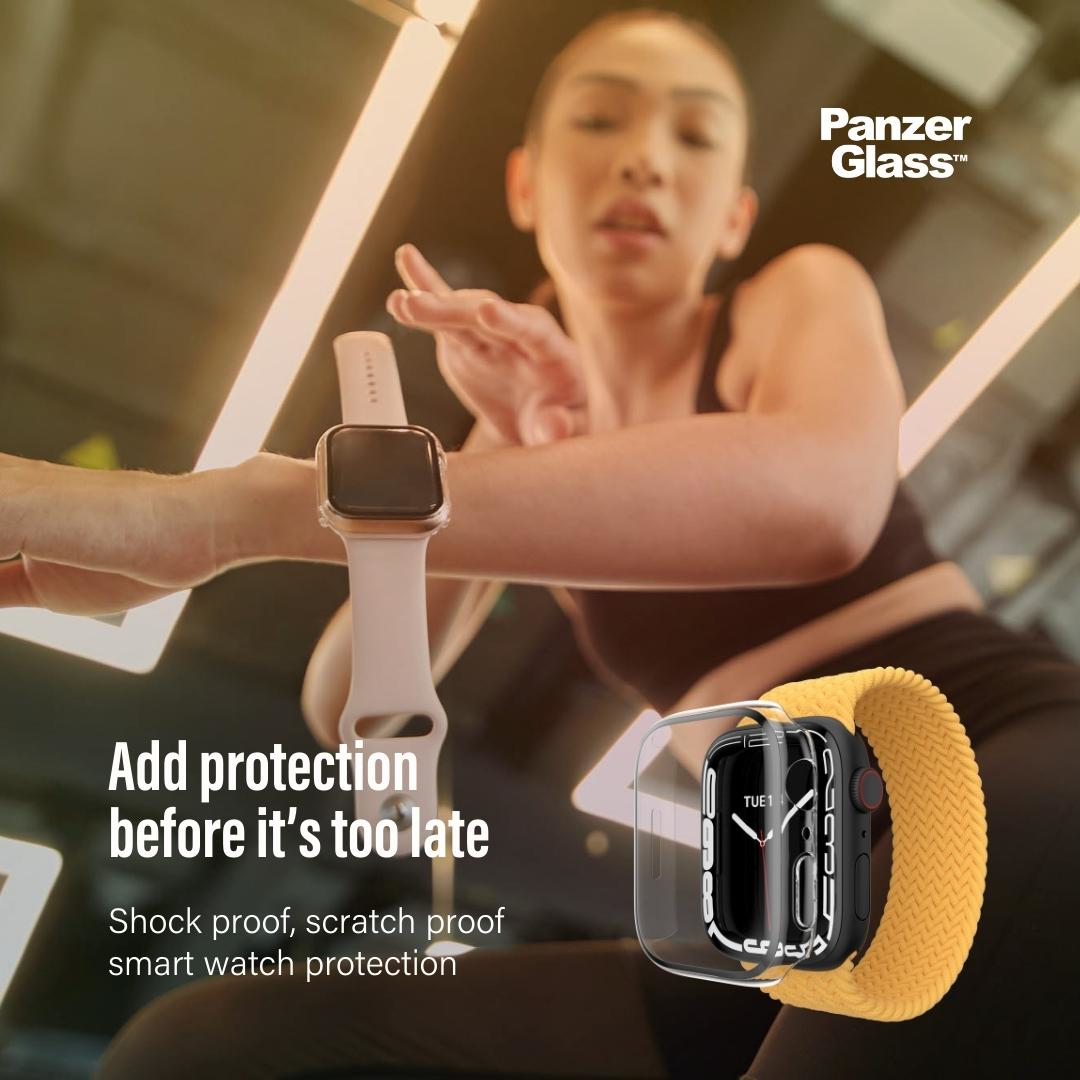 Une femme fait de l'exercice. Une smartwatch avec un bracelet jaune et un protecteur d'écran transparent est affichée.