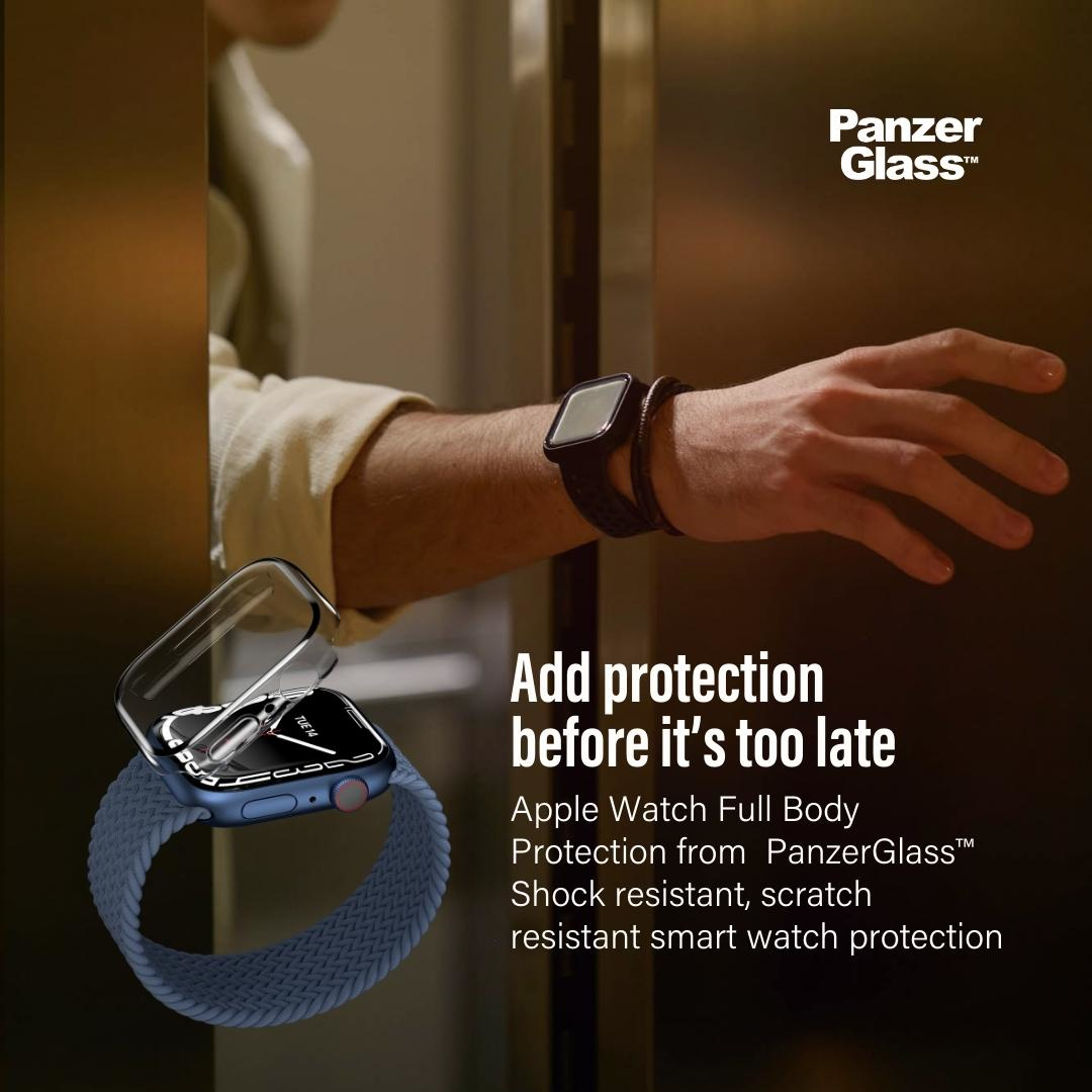 Bras d'homme, Apple Watch avec protection, bracelet bleu et texte 'Ajouter protection'.
