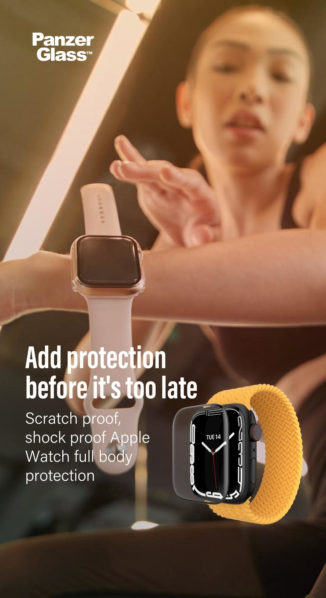 Femme portant une montre avec un bracelet jaune. Texte fait la promotion de la protection pour l'Apple Watch.
