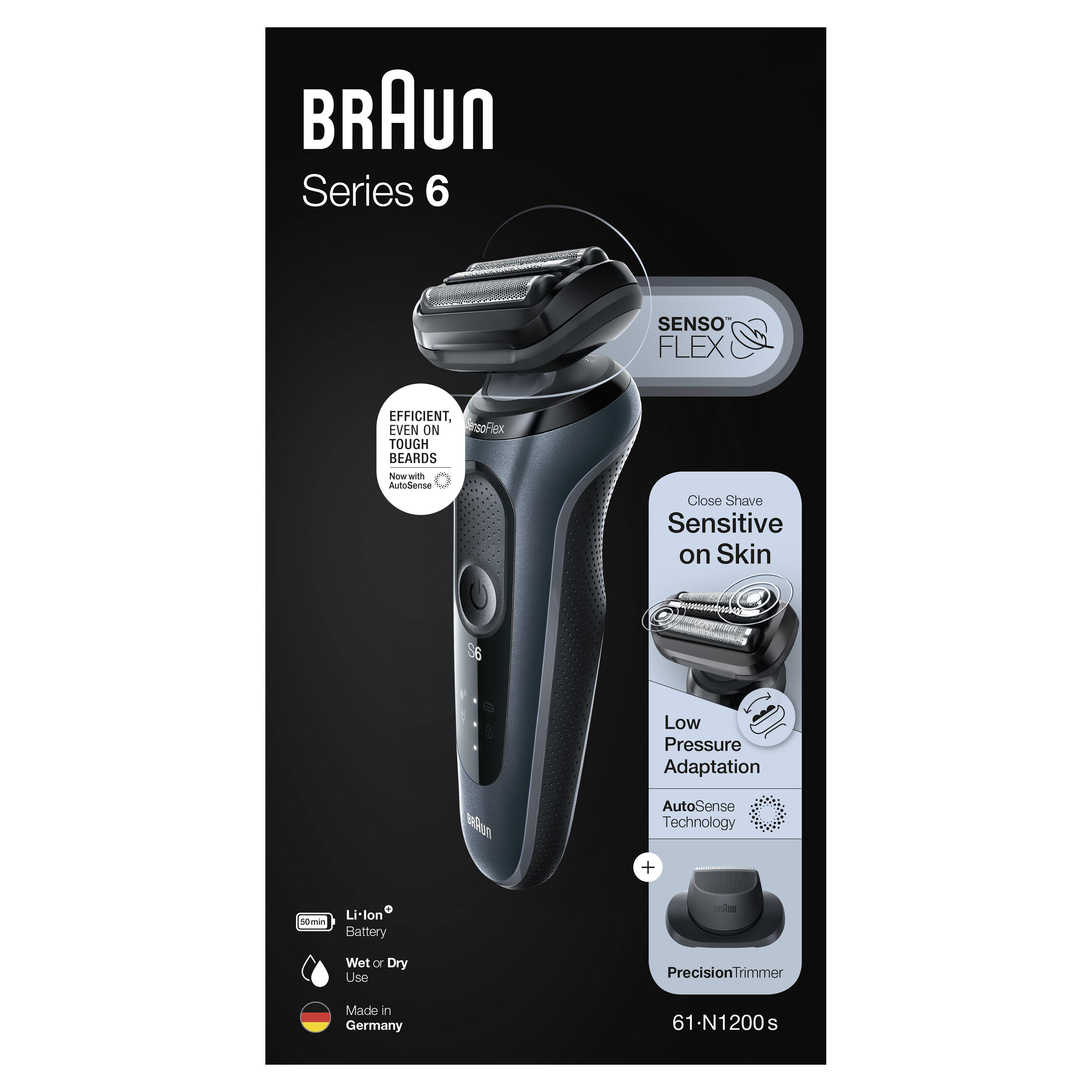 BRAUN 61-N1200s Elektrischer Nass- und Trockenrasierer, schwarz Series 6 Elektrischer Rasierer (Akkubetrieb, Blau, Trocken und Nassrasur)