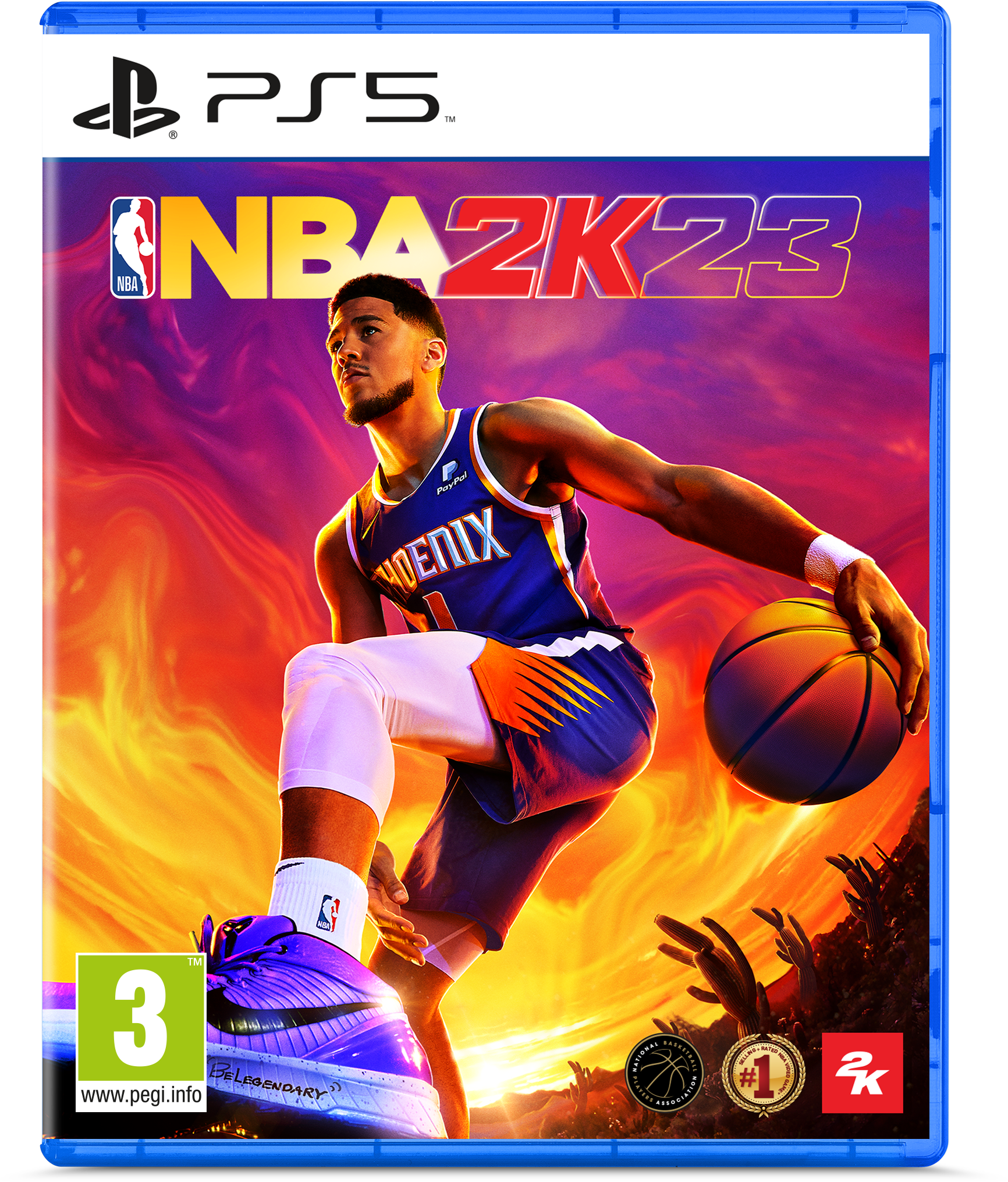 NBA 2K23 PS5-Spielcover, Basketballspieler im Phoenix-Trikot, Action-Pose.