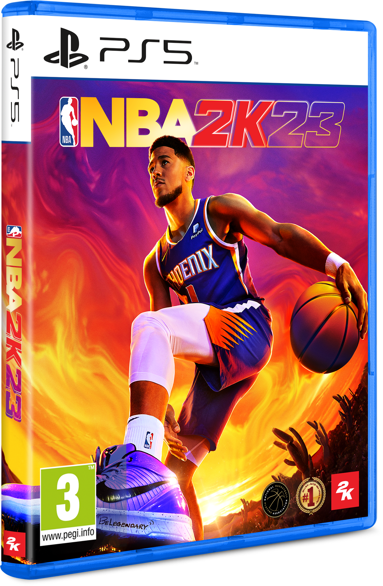 PS5-Spielbox, NBA 2K23. Mann im Basketball-Trikot, orangefarbener Hintergrund, PS5-Logo.