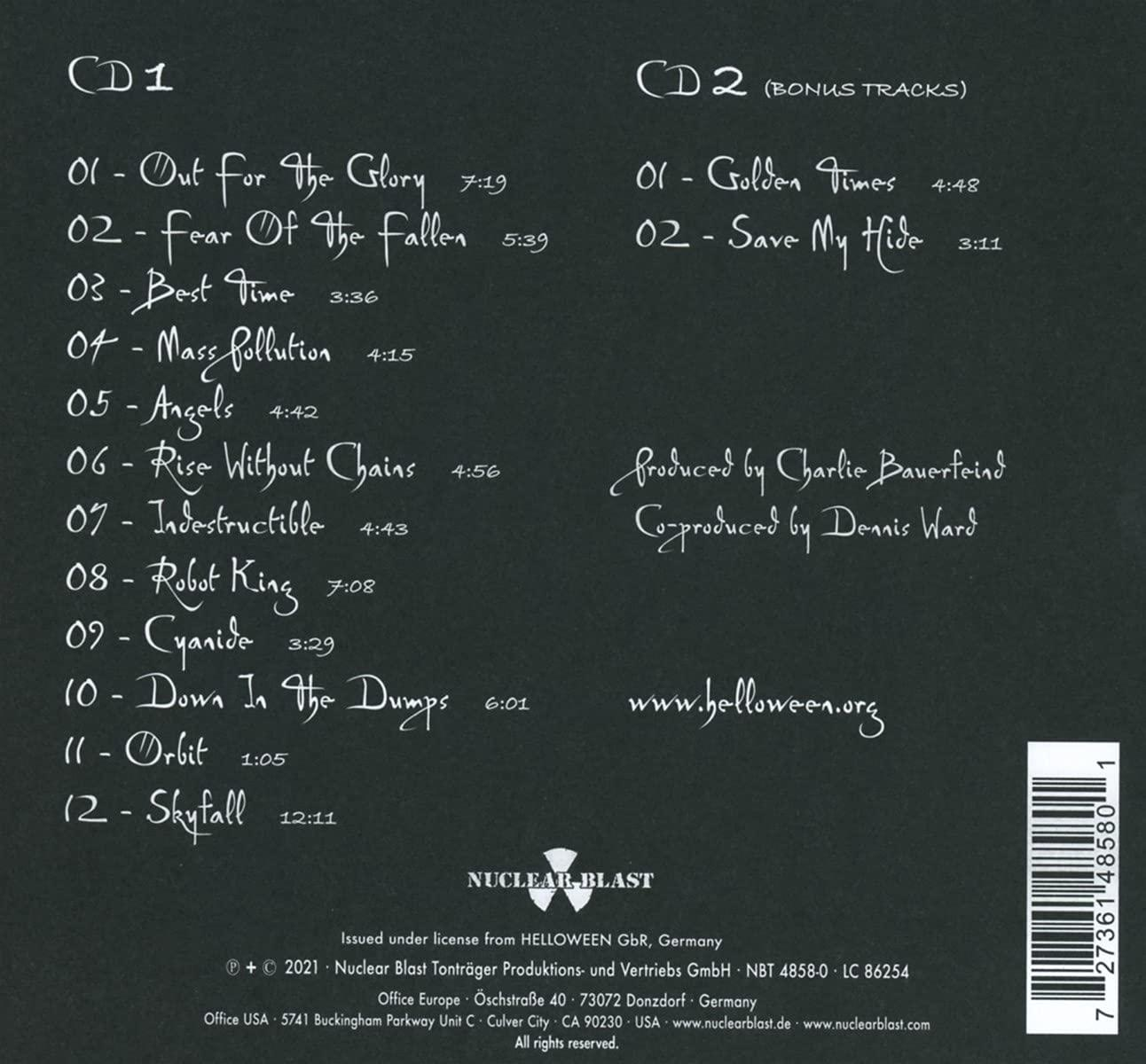 Ein CD-Case mit Titellisten und dem Helloween-Logo, mit weißem Hintergrund.