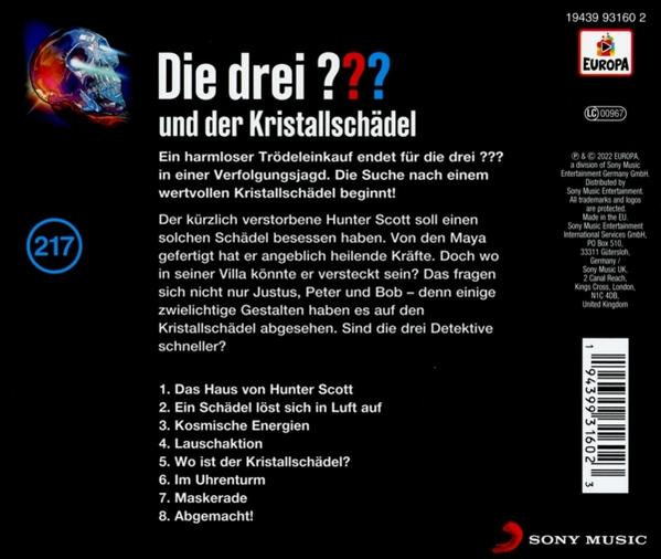 Rückseite eines CD-Hüllen mit Text und Schädel-Logo, mit 'Die drei ???'.