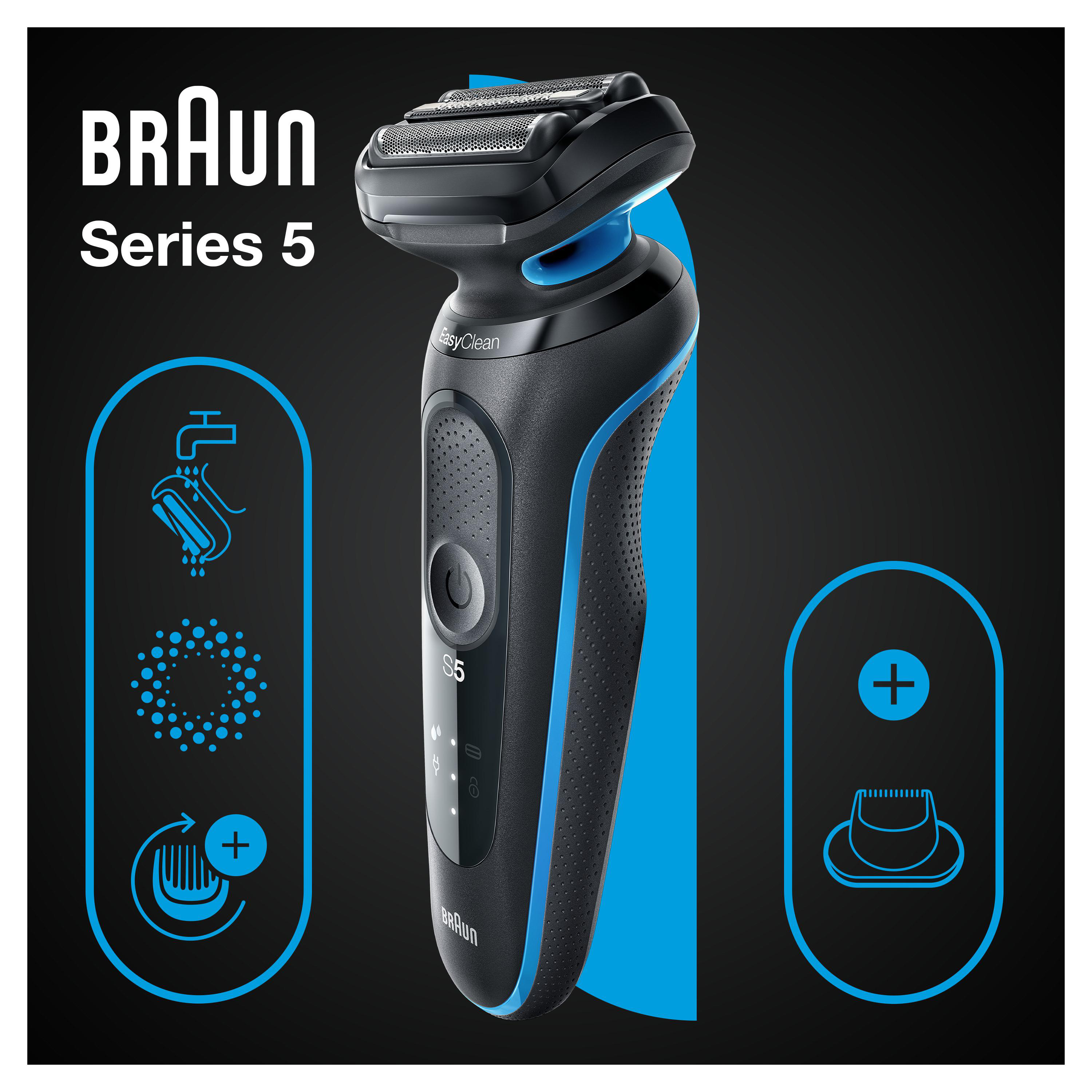 BRAUN 51-B1200s Elektrischer Nass- und Trockenrasierer, Schwarz/Blau, Series 5 Elektrischer Rasierer (Akkubetrieb, Blau, Trocken und Nassrasur)