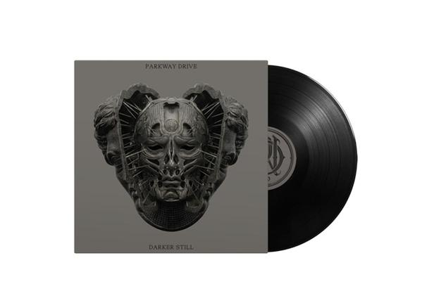 Albumcover von Parkway Drive. Enthält ein dunkles, detailliertes, geschnitztes Gesicht. Vinyl-Schallplatte rechts.