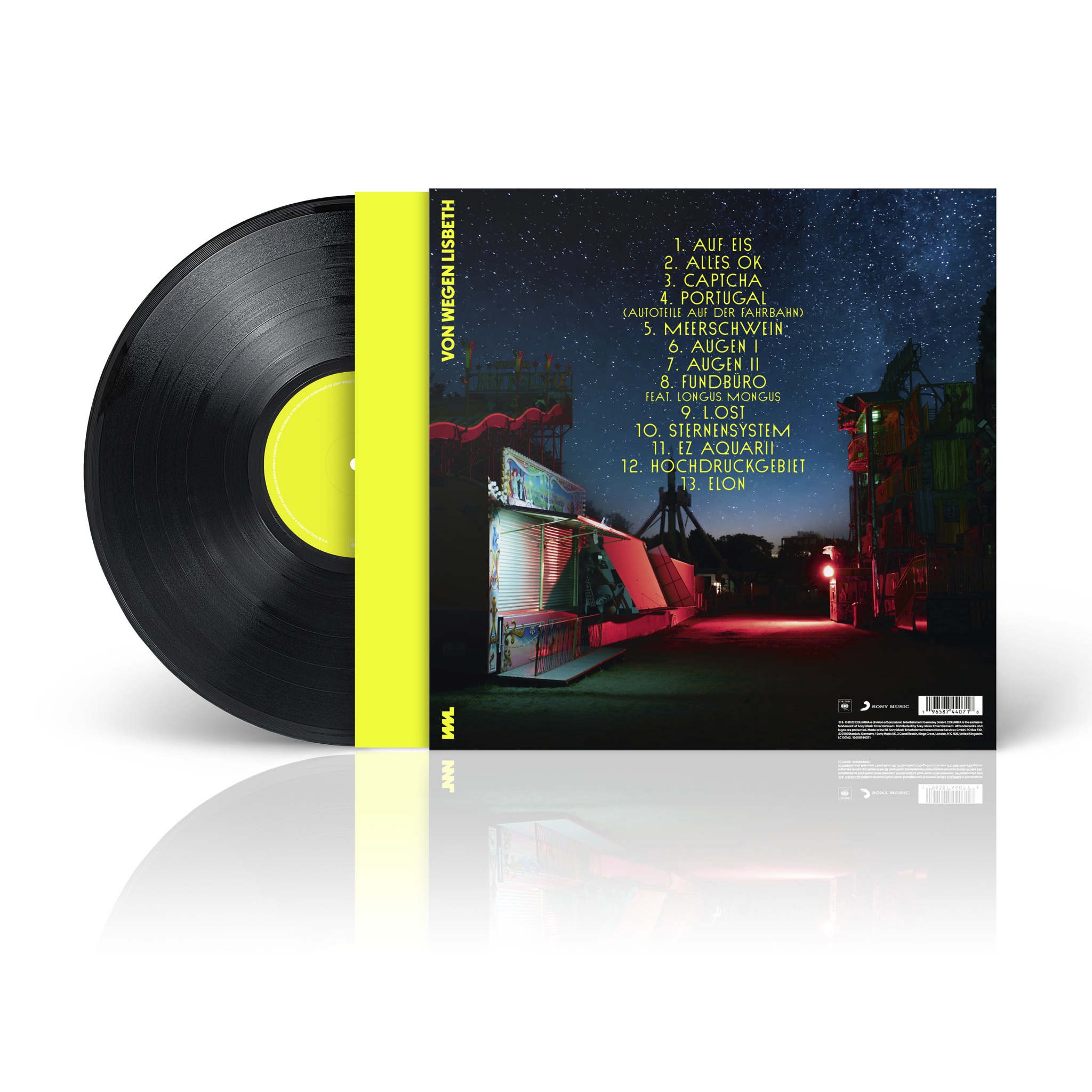 Vinyl-Schallplatte mit Albumcover, Nachtszene mit Text und Gebäude.