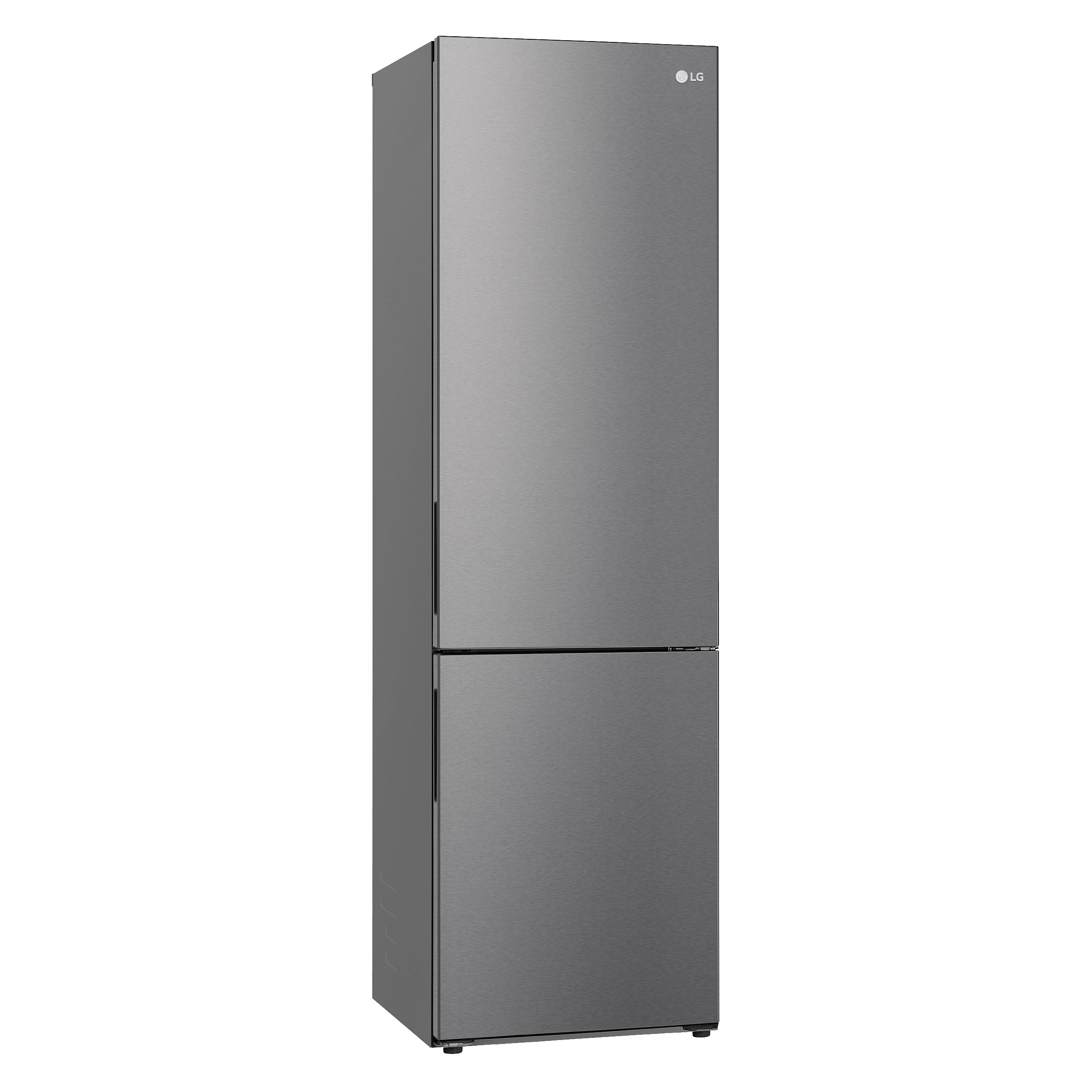 Silberner LG Kühlschrank. Zwei Türen, oben und unten. Sauberes und modernes Design.