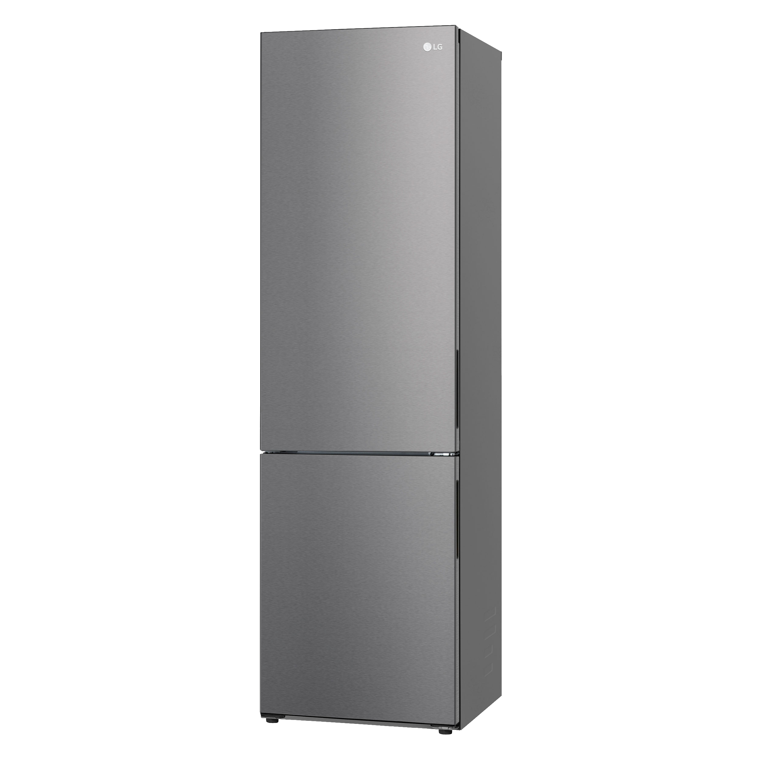 Ein hoher, grauer LG-Kühlschrank mit zwei Türen. Es ist ein Modell mit Gefrierfach unten.
