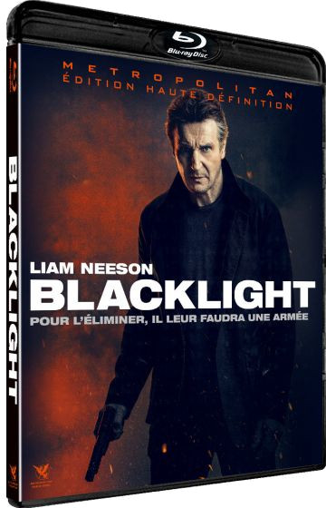 Blacklight-filmaffiche met Liam Neeson die een pistool vasthoudt. Donkere achtergrond, titel: Blacklight.