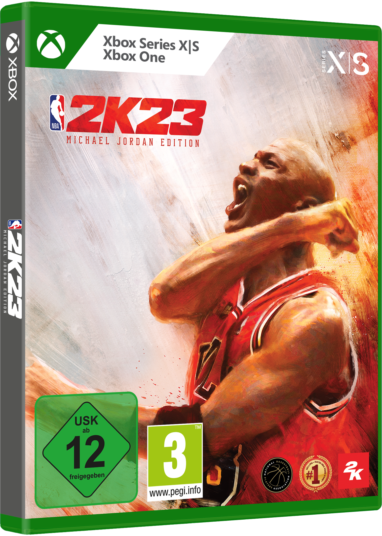 La scatola del videogioco NBA 2K23 Michael Jordan Edition. Con Michael Jordan sulla copertina.